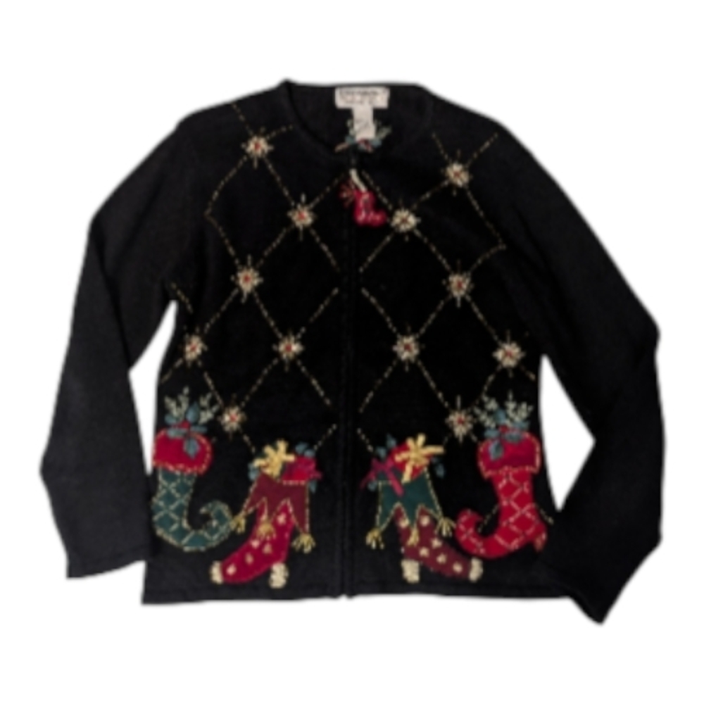 🎅Y2K Heirloom Collectibles Xmas Collection 04 Zip-Front Black Sweater Women's M